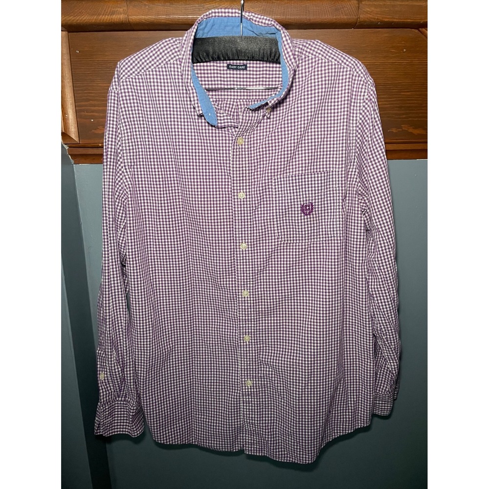 Chaps Mens Purple Gingham Check Easy Care Button Down Shirt Large L Long Sleeve